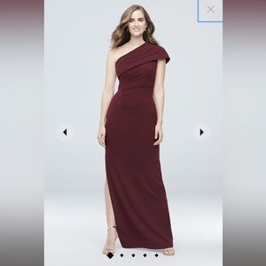 David’s Bridal ruched one-shoulder stretch crepe dress in color Cabernet